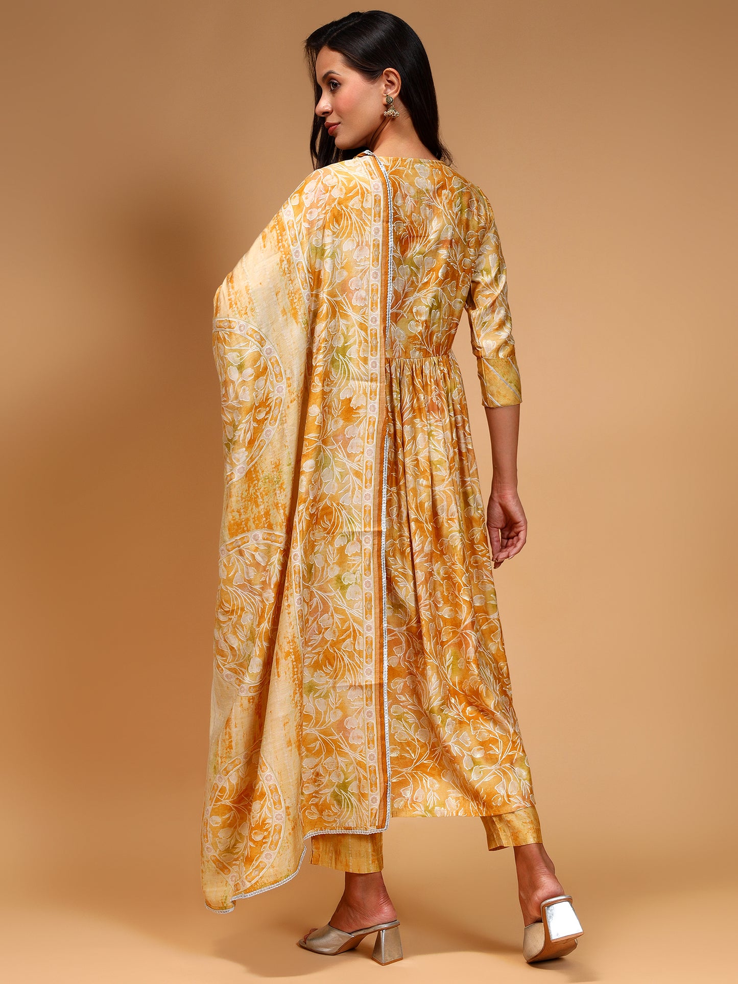 Ethnic Motifs Embroidered Sequinned Chanderi Silk A-Line Kurta Set - Five Miles