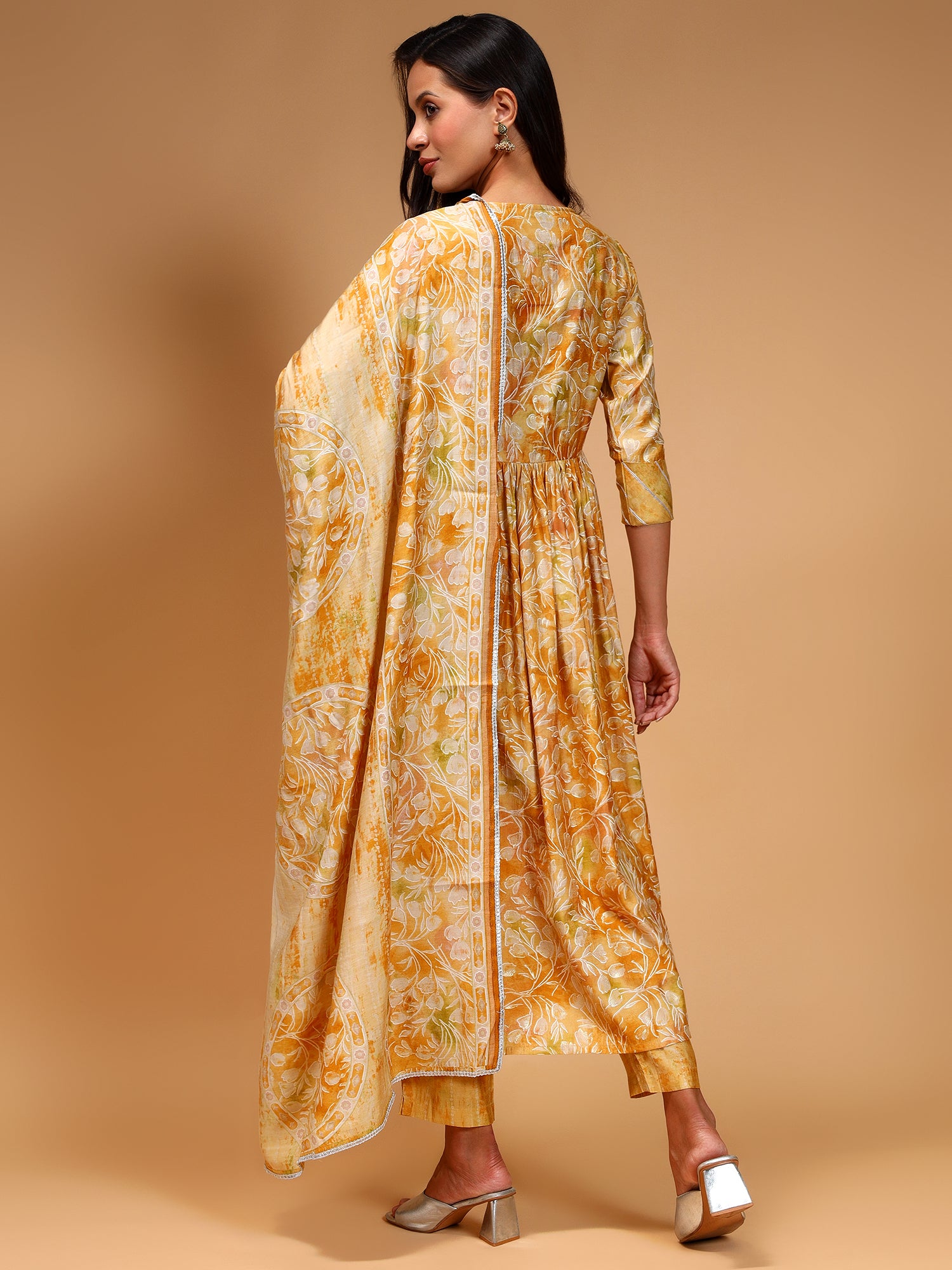 Ethnic Motifs Embroidered Sequinned Chanderi Silk A-Line Kurta Set - Five Miles