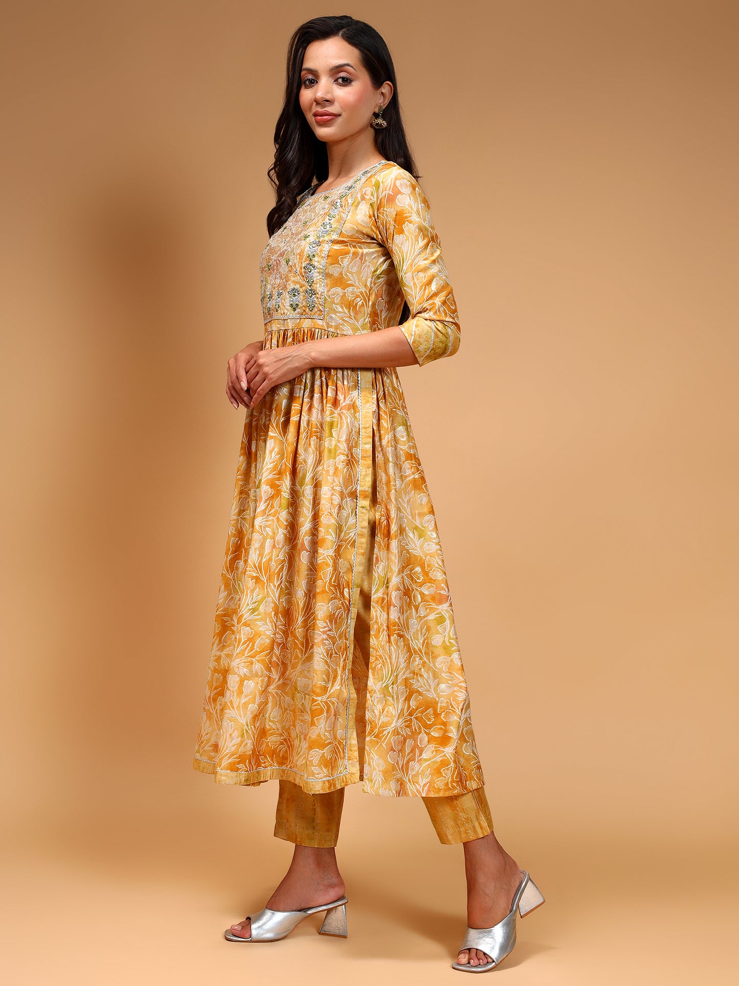 Ethnic Motifs Embroidered Sequinned Chanderi Silk A-Line Kurta Set - Five Miles