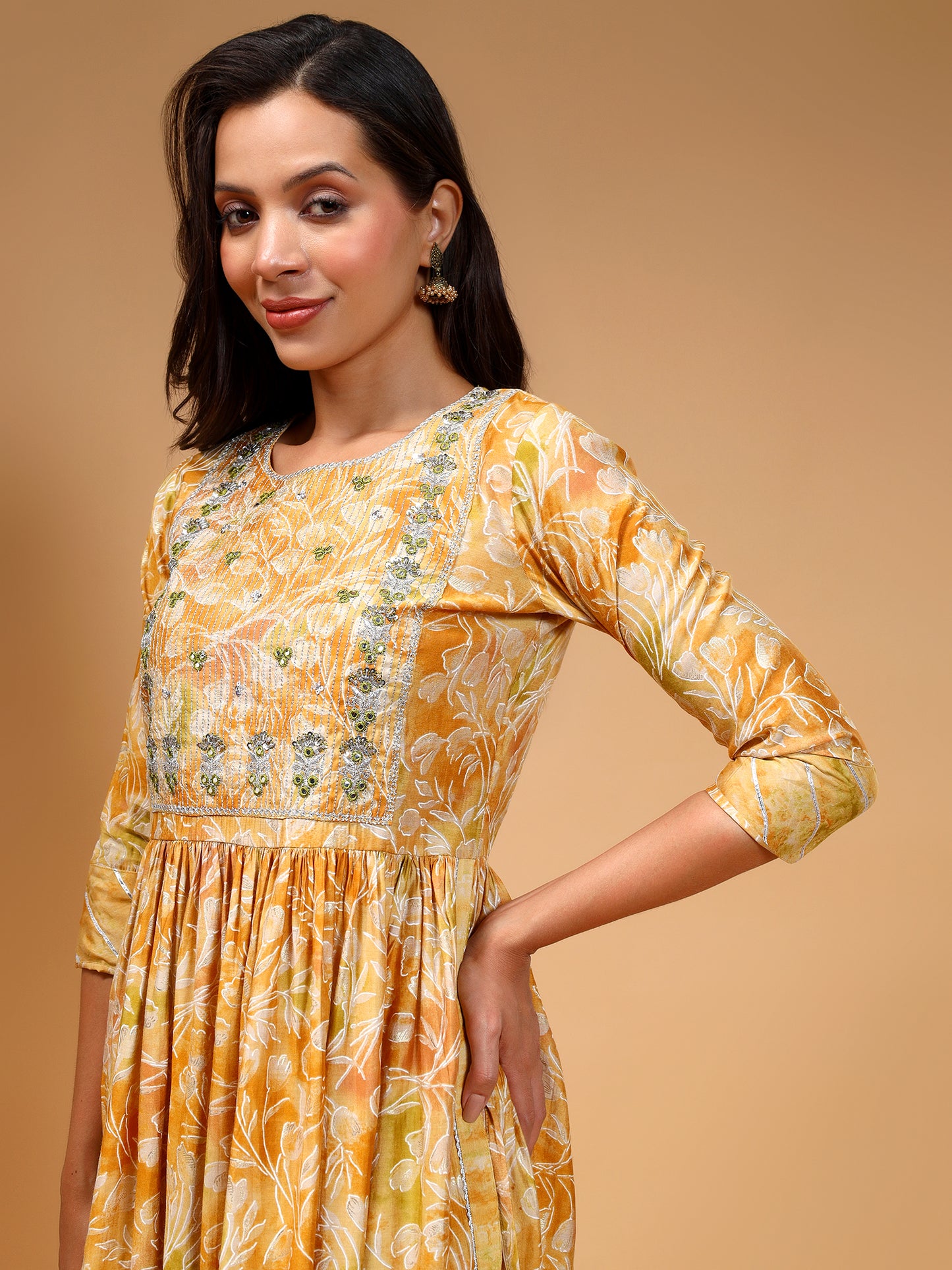 Ethnic Motifs Embroidered Sequinned Chanderi Silk A-Line Kurta Set - Five Miles