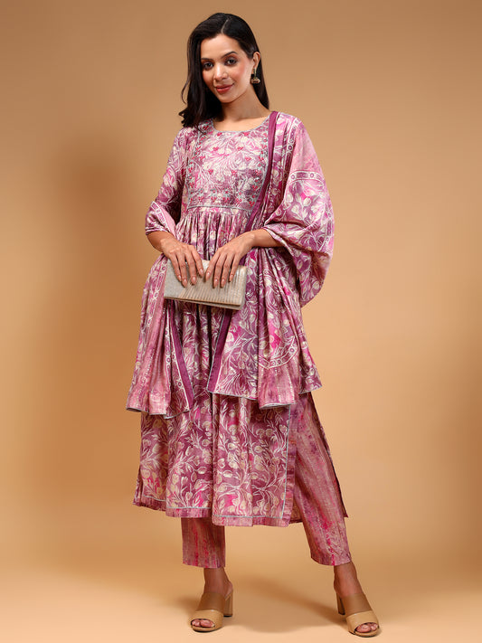 Floral Printed Thread Work A-Line Kurta & Trousers With Dupatta - Five Miles