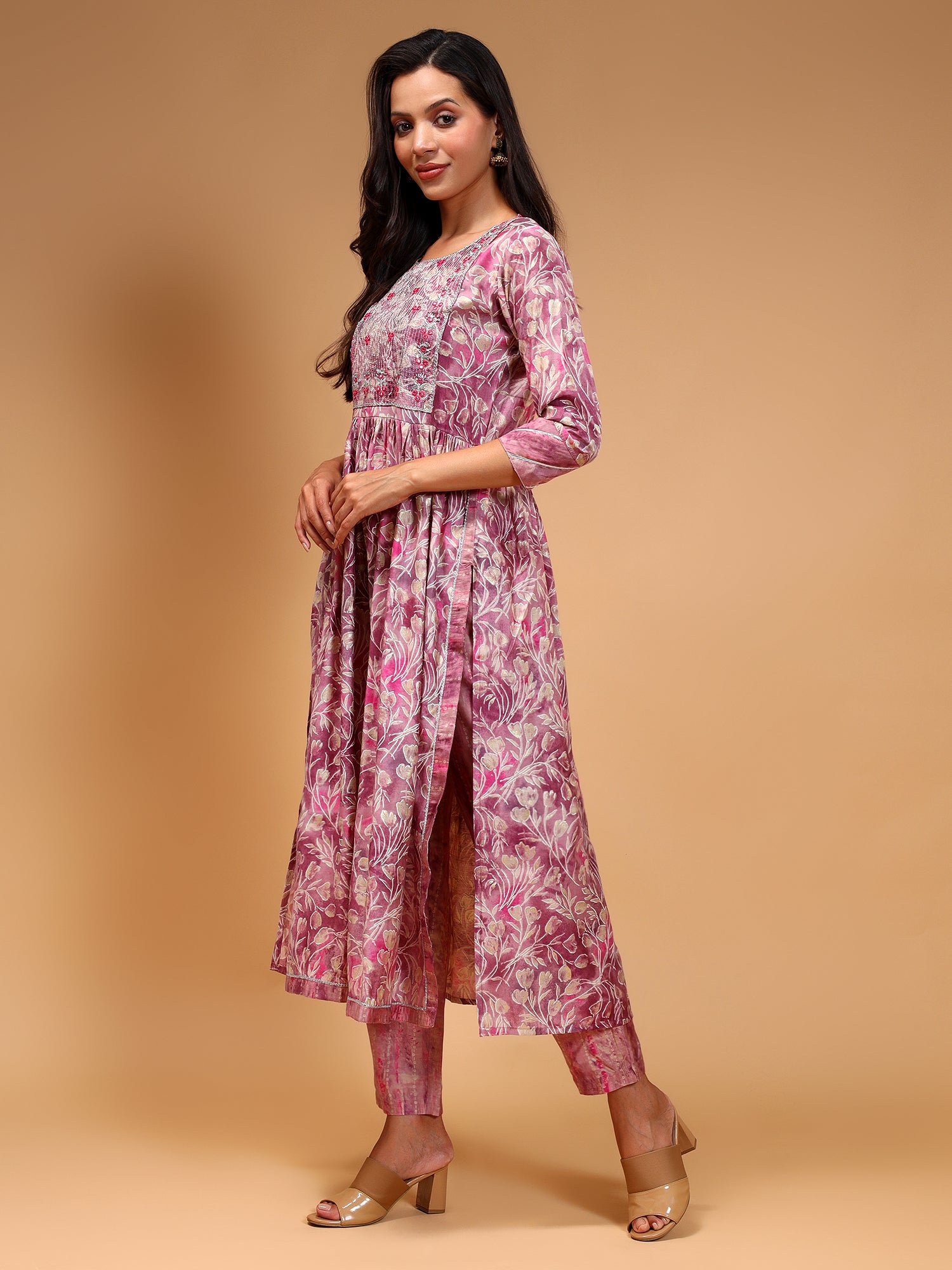 Floral Printed Thread Work A-Line Kurta & Trousers With Dupatta - Five Miles