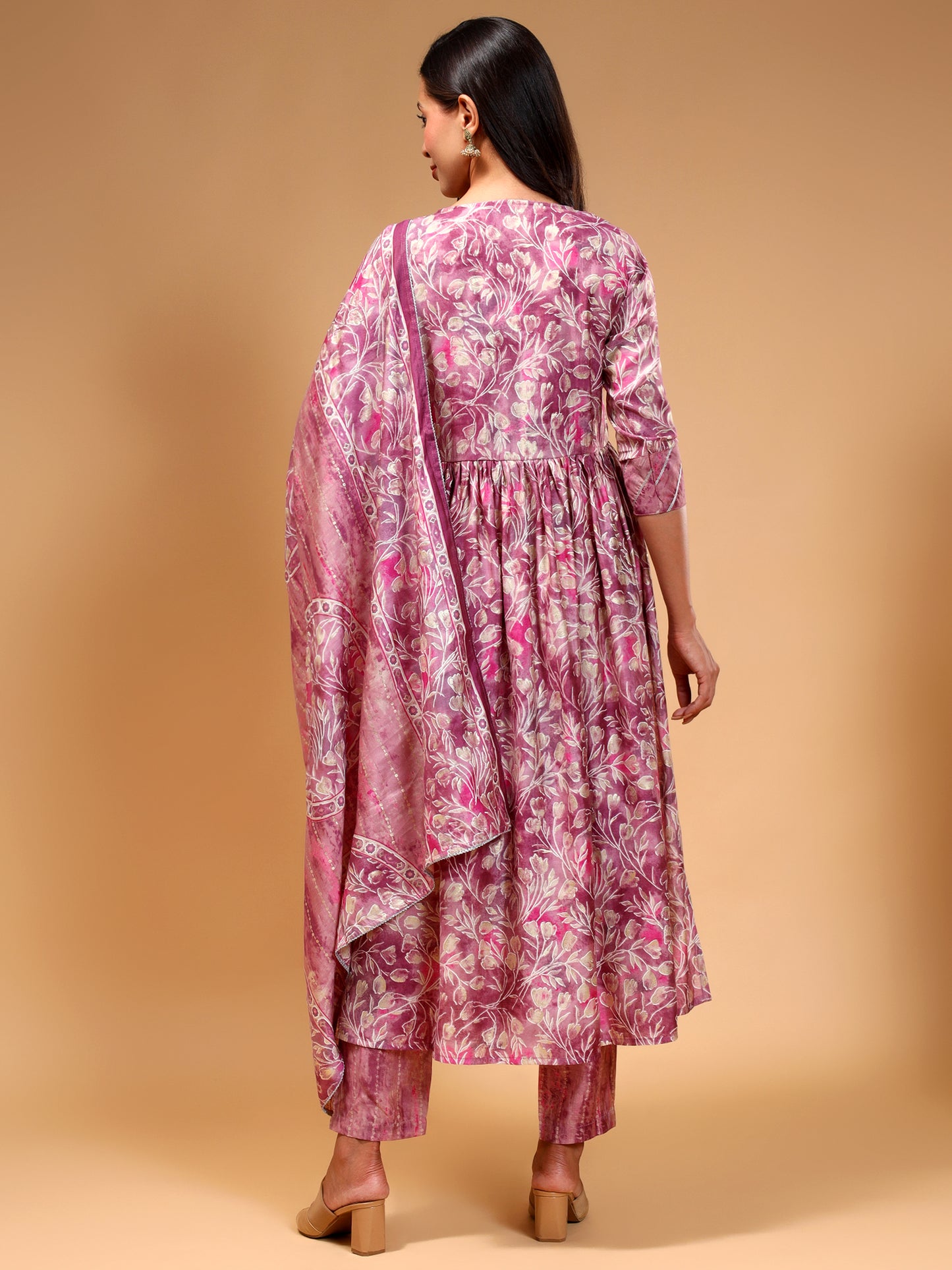 Floral Printed Thread Work A-Line Kurta & Trousers With Dupatta - Five Miles