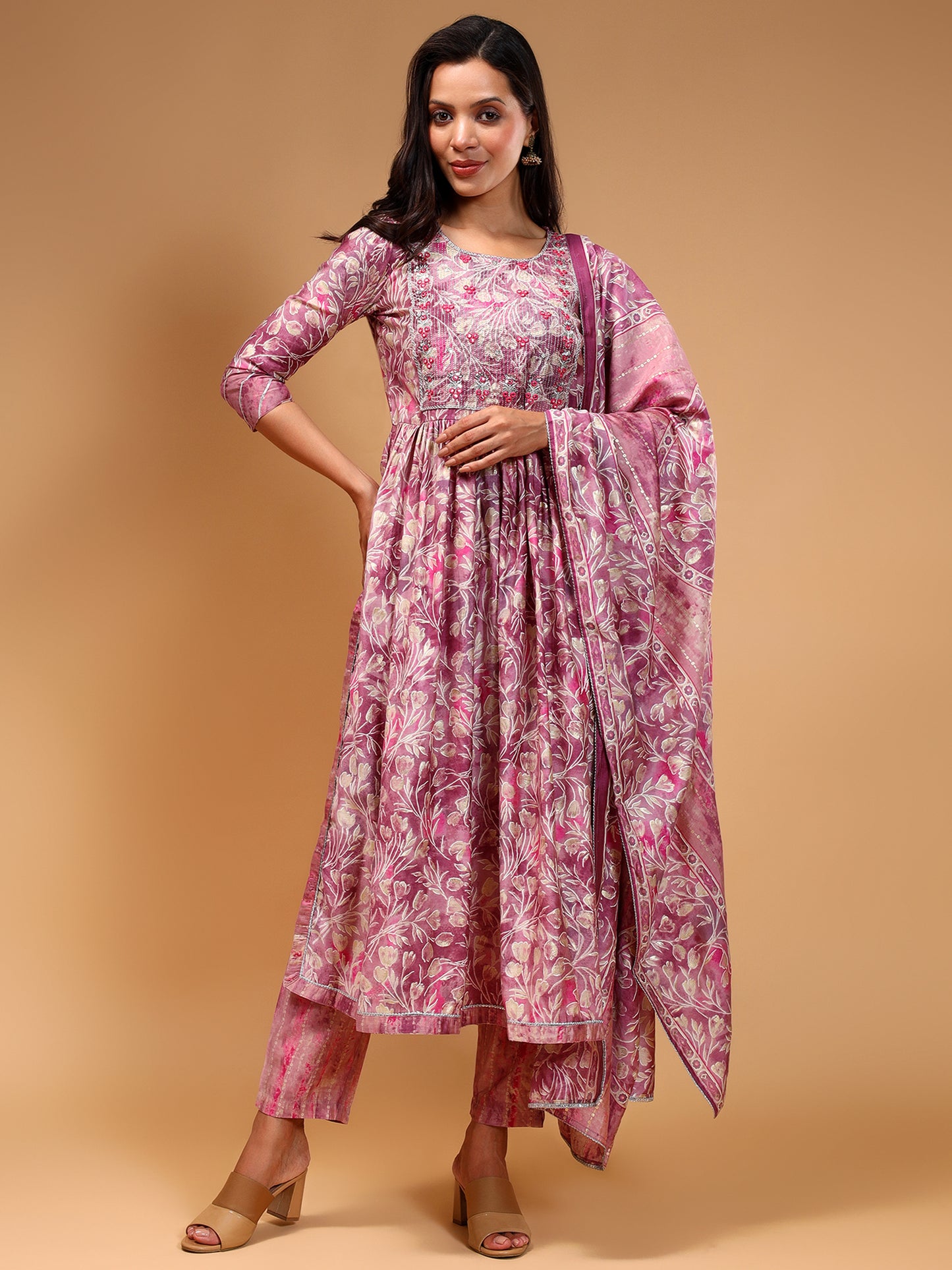 Floral Printed Thread Work A-Line Kurta & Trousers With Dupatta - Five Miles