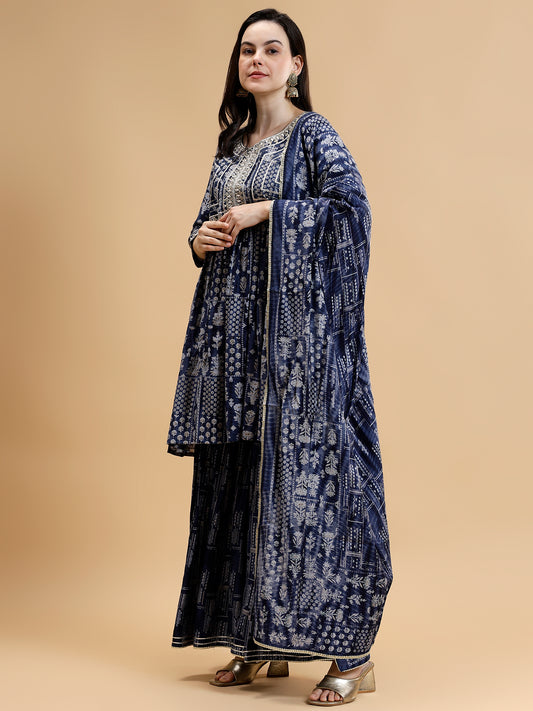 Ethnic Motifs Embroidered Regular Chanderi Silk Kurta With Sharara & Dupatta - Five Miles