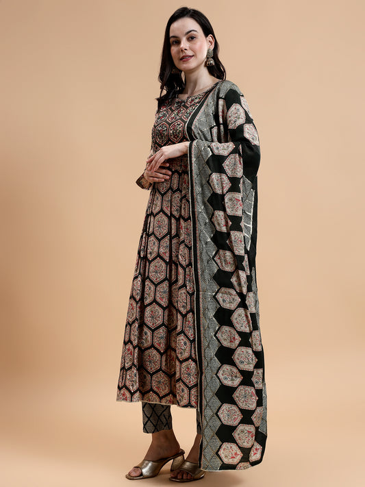 Printed Pleated Mirror Work Beads Chanderi Silk Kurta with Trousers & Dupatta - Five Miles