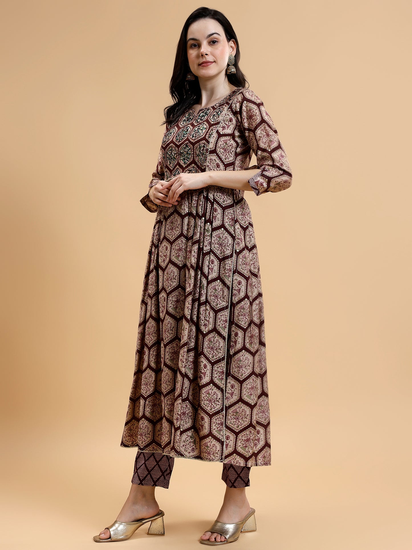 Printed Pleated Mirror Work Beads Chanderi Silk Kurta with Trousers & Dupatta - Five Miles