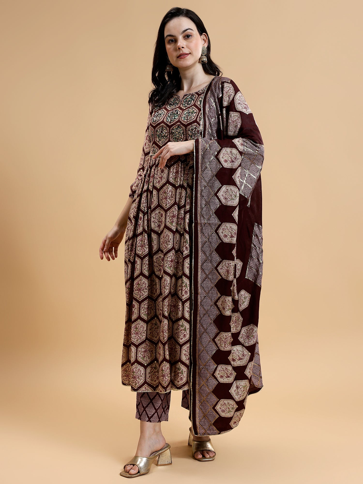 Printed Pleated Mirror Work Beads Chanderi Silk Kurta with Trousers & Dupatta - Five Miles