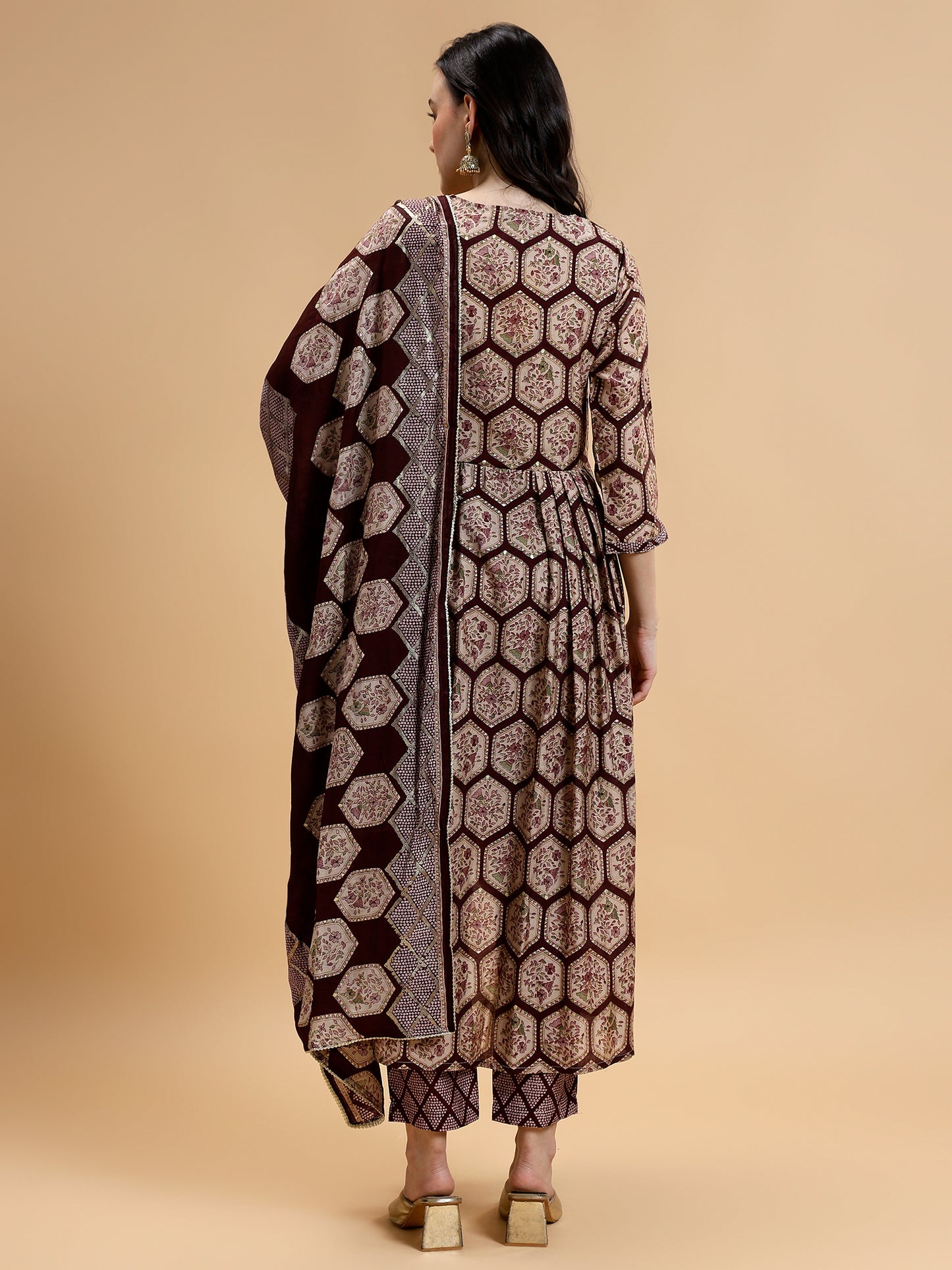 Printed Pleated Mirror Work Beads Chanderi Silk Kurta with Trousers & Dupatta - Five Miles