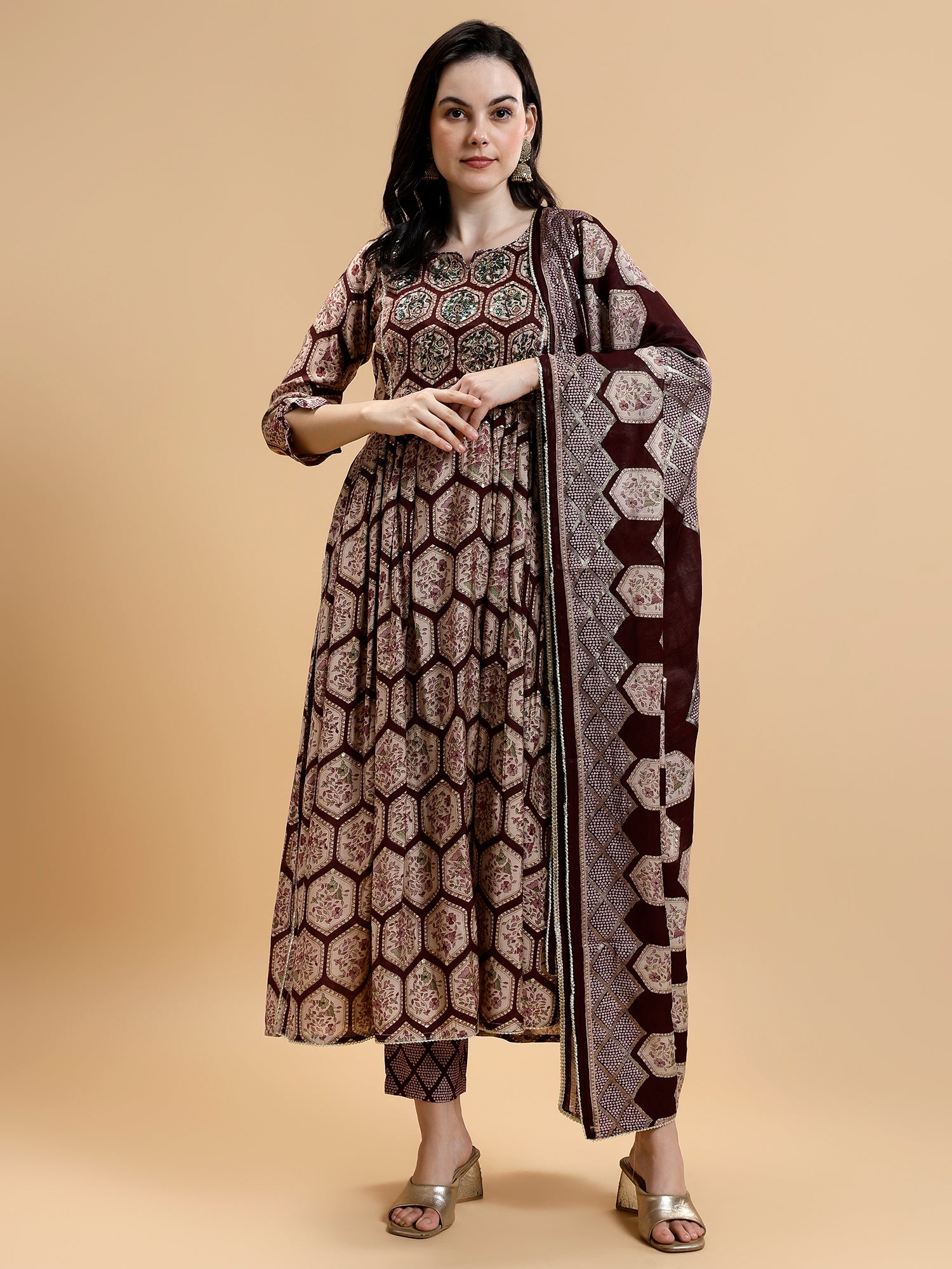 Printed Pleated Mirror Work Beads Chanderi Silk Kurta with Trousers & Dupatta - Five Miles