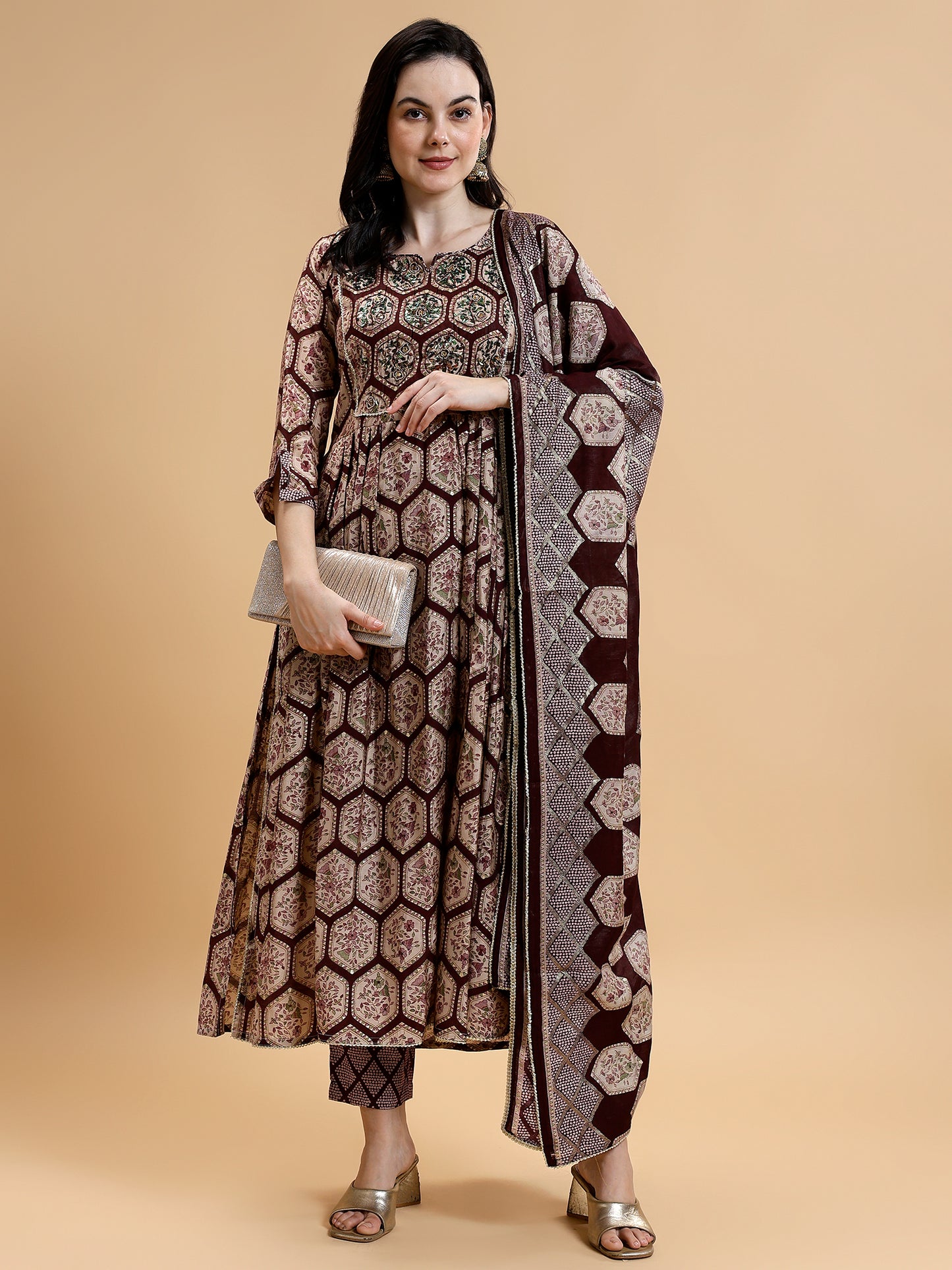 Printed Pleated Mirror Work Beads Chanderi Silk Kurta with Trousers & Dupatta - Five Miles