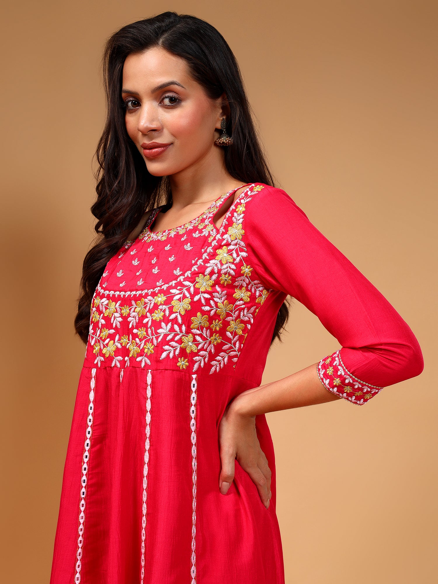 Embroidered Panelled Thread Work Kurta with Trousers & Dupatta - Five Miles