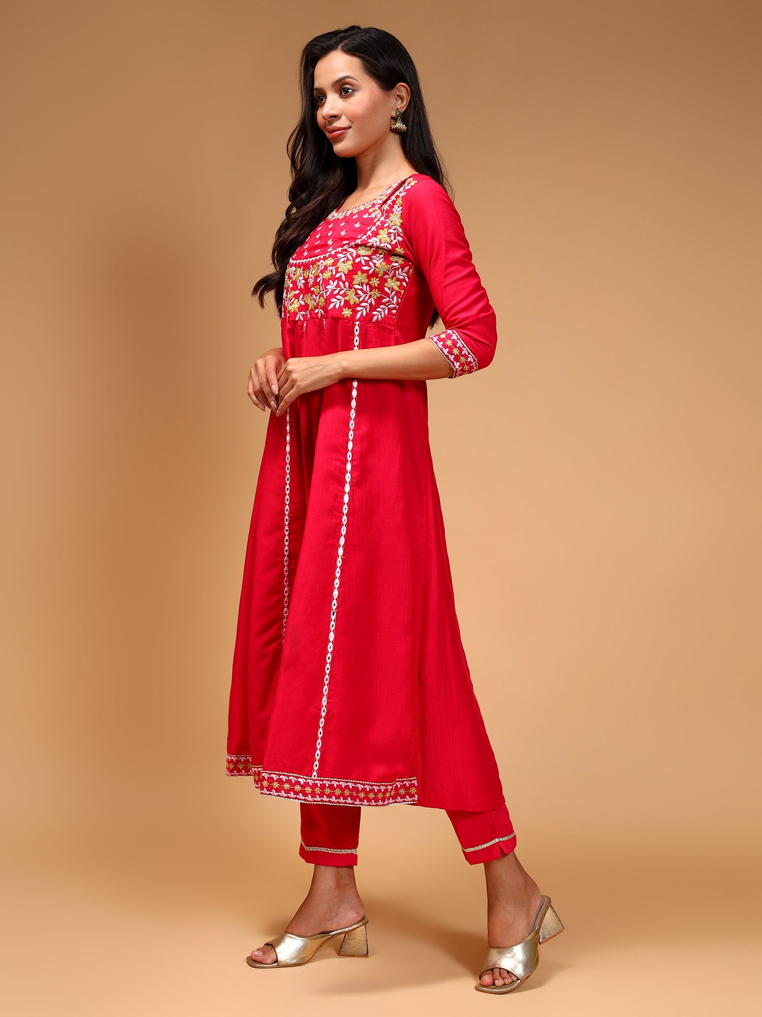 Embroidered Panelled Thread Work Kurta with Trousers & Dupatta - Five Miles