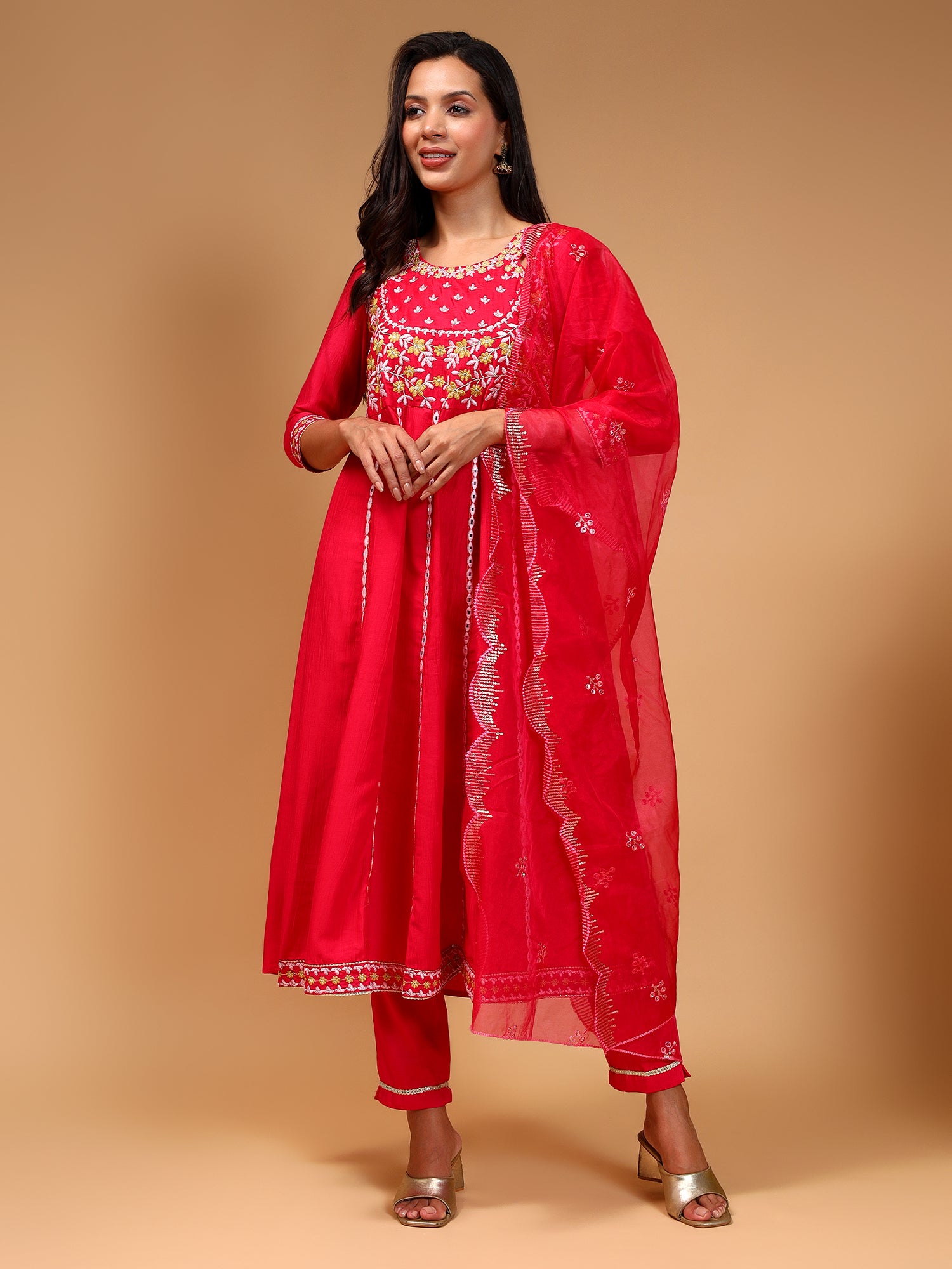 Embroidered Panelled Thread Work Kurta with Trousers & Dupatta - Five Miles