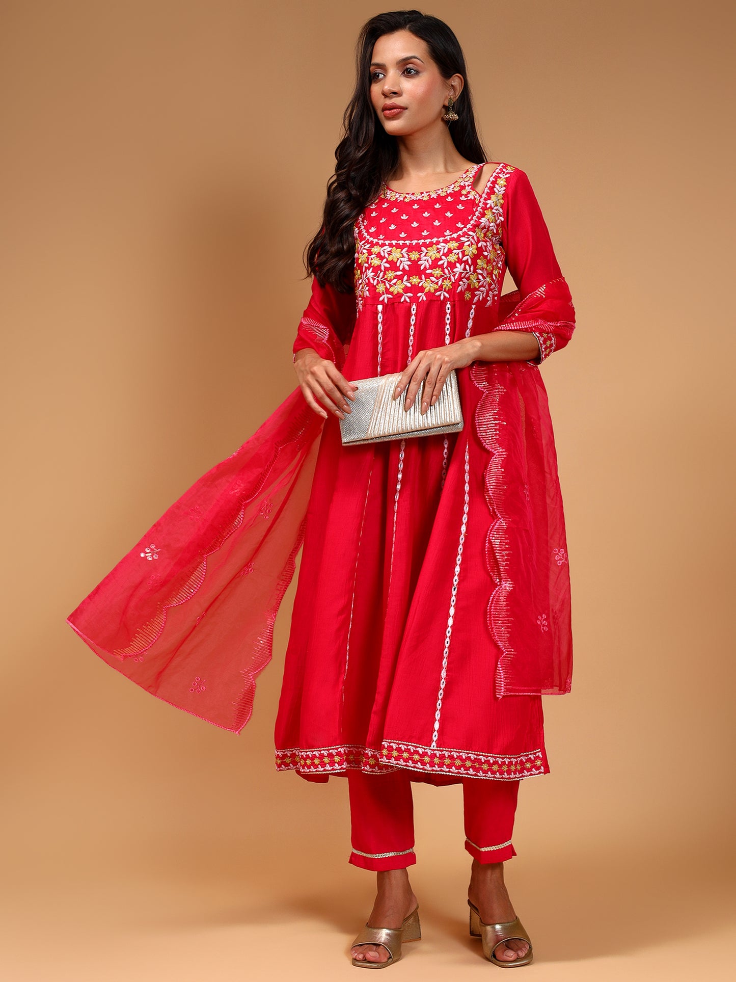 Embroidered Panelled Thread Work Kurta with Trousers & Dupatta - Five Miles