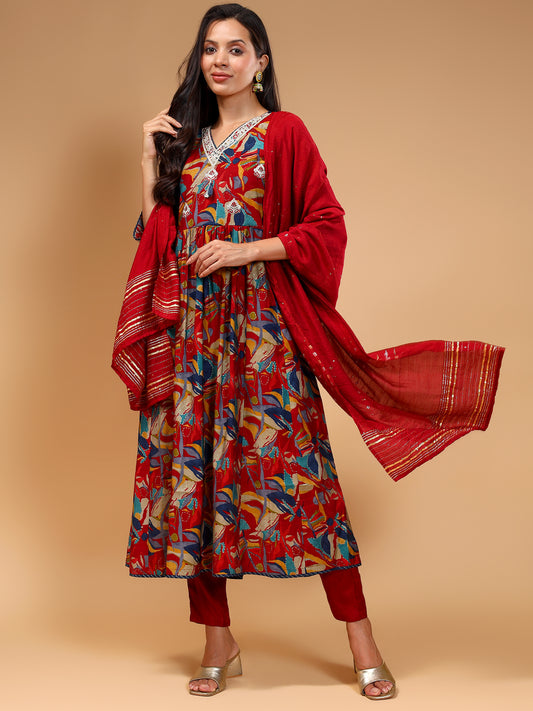 Floral Printed Anarkali Thread Work Kurta with Trousers & Dupatta - Five Miles