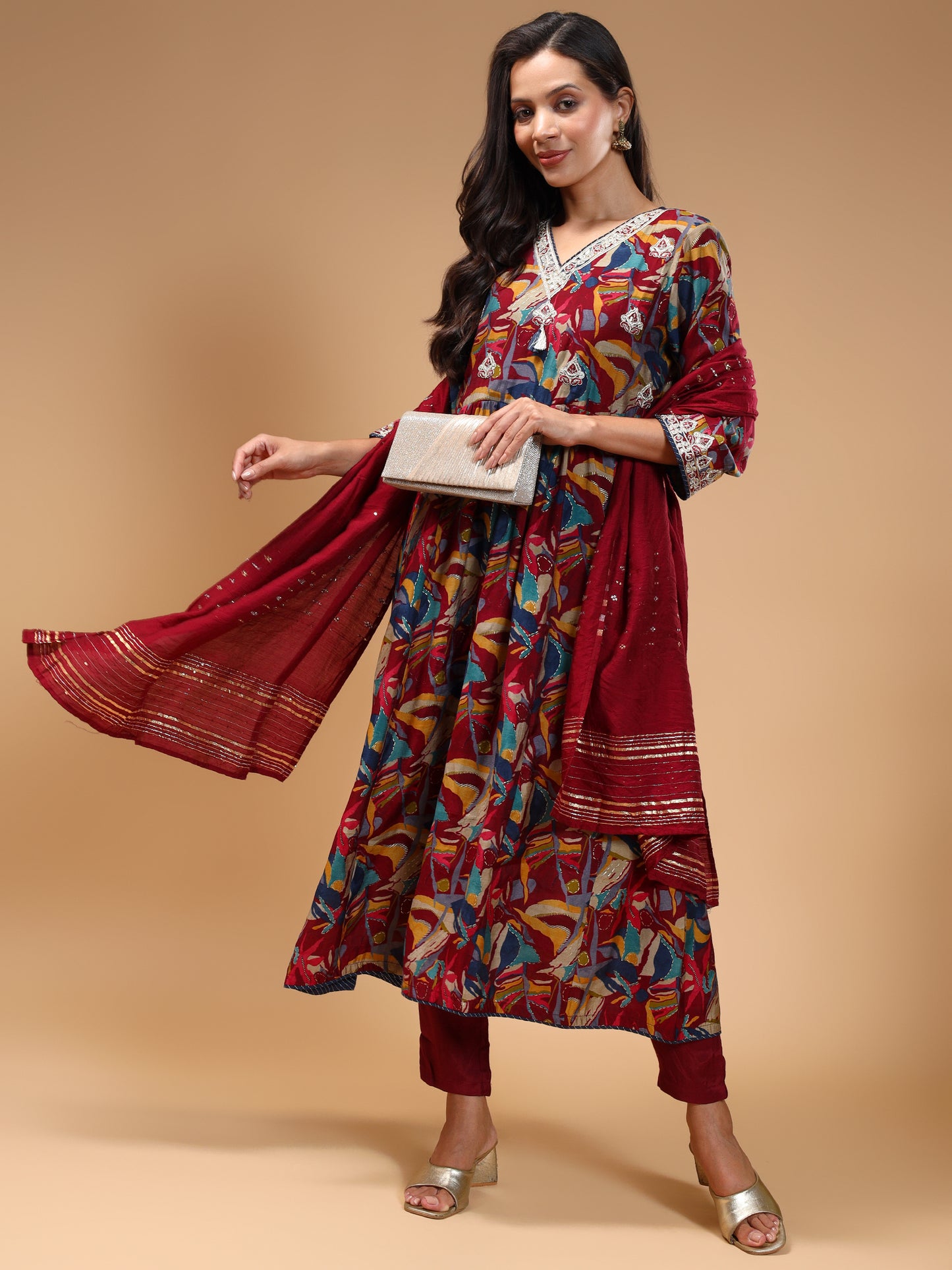 Floral Printed Anarkali Thread Work Kurta with Trousers & Dupatta - Five Miles