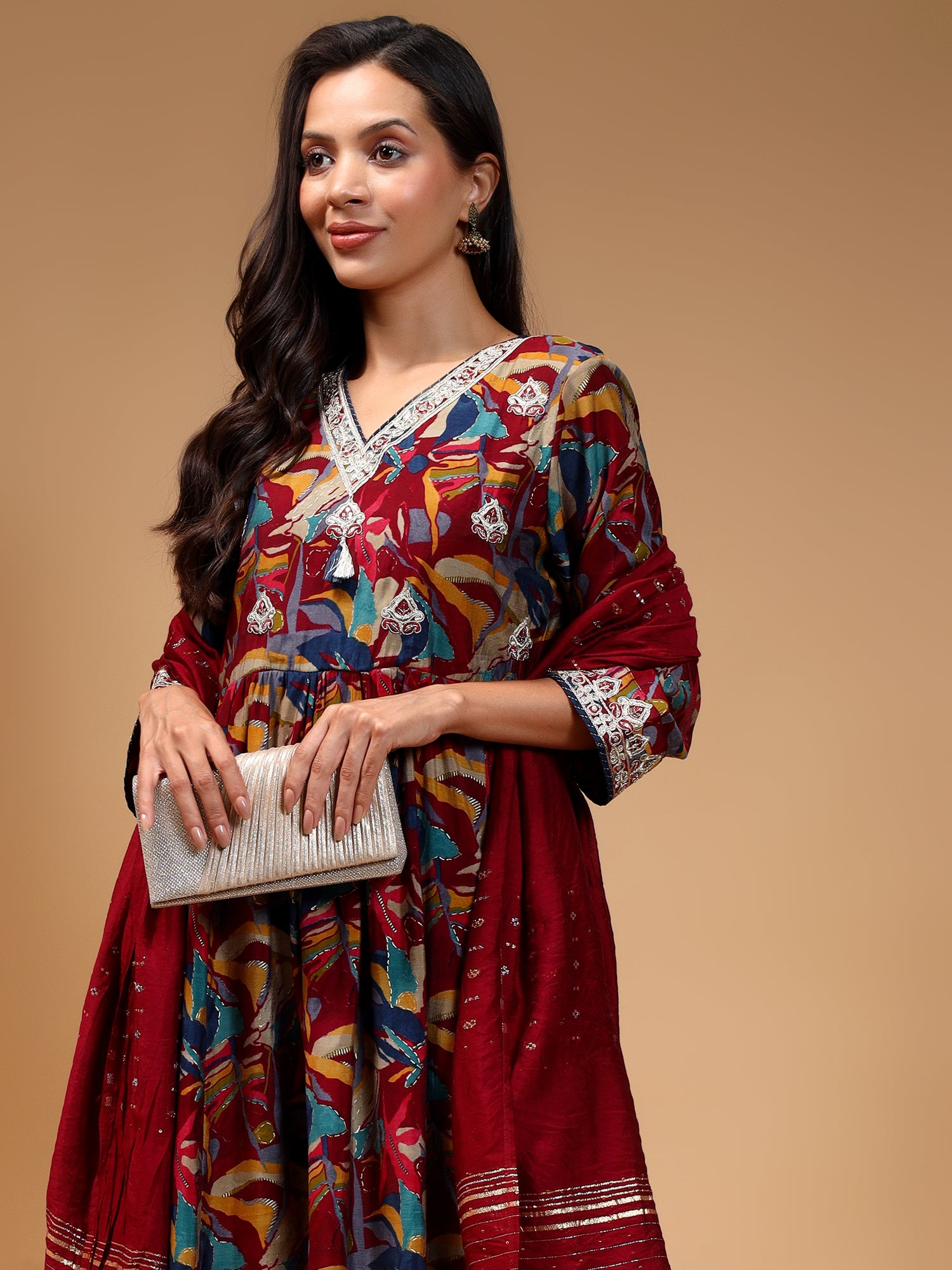 Floral Printed Anarkali Thread Work Kurta with Trousers & Dupatta - Five Miles