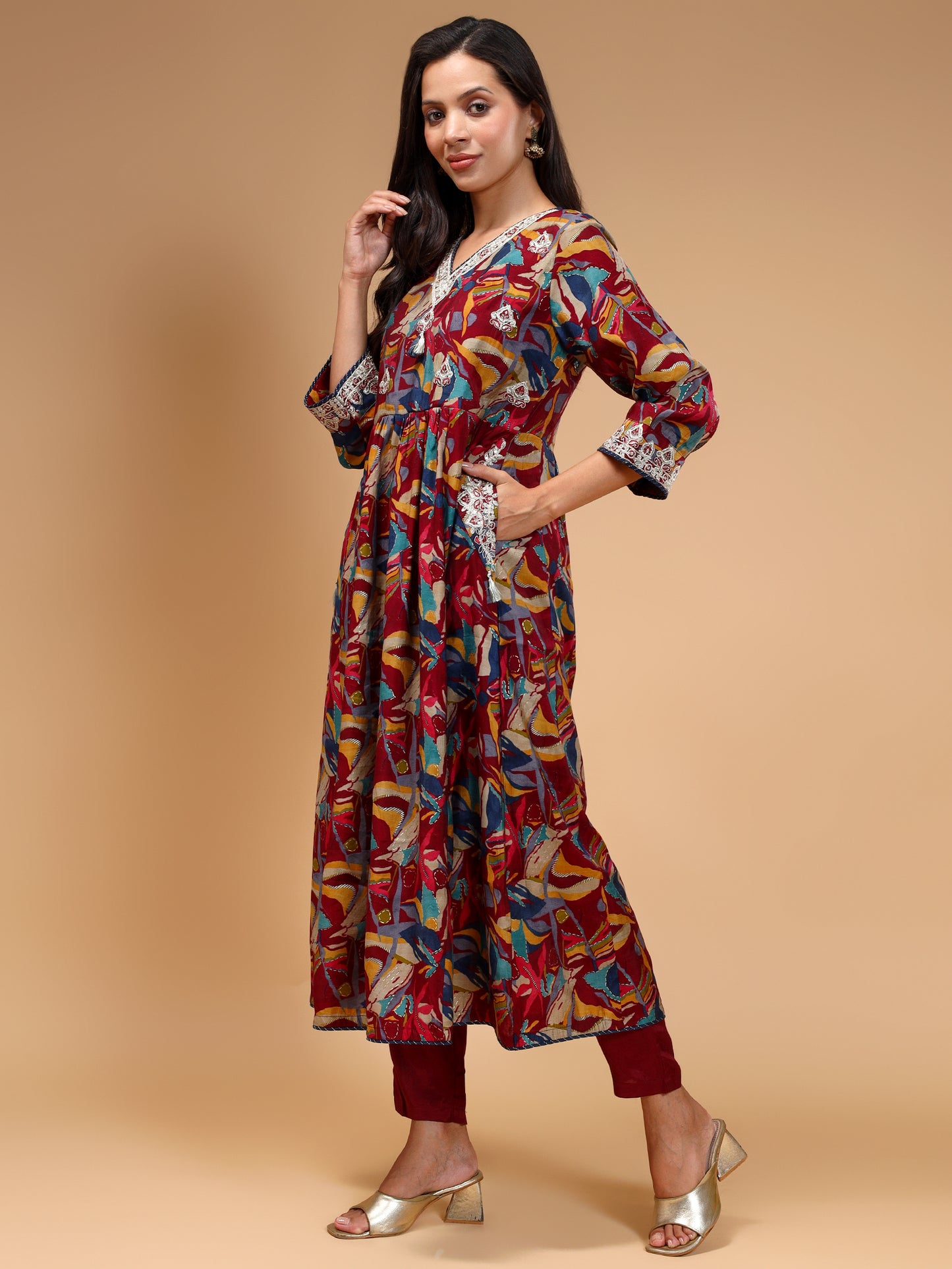 Floral Printed Anarkali Thread Work Kurta with Trousers & Dupatta - Five Miles