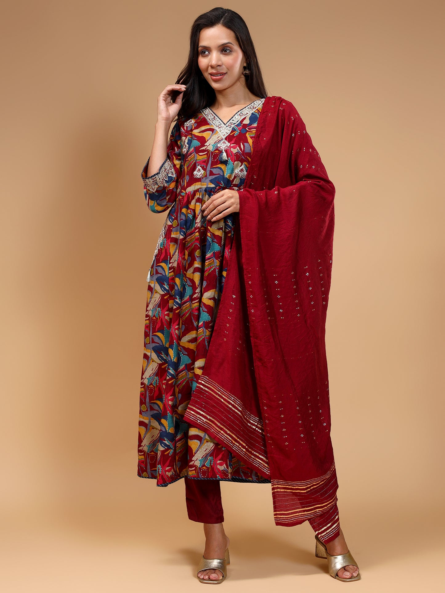 Floral Printed Anarkali Thread Work Kurta with Trousers & Dupatta - Five Miles