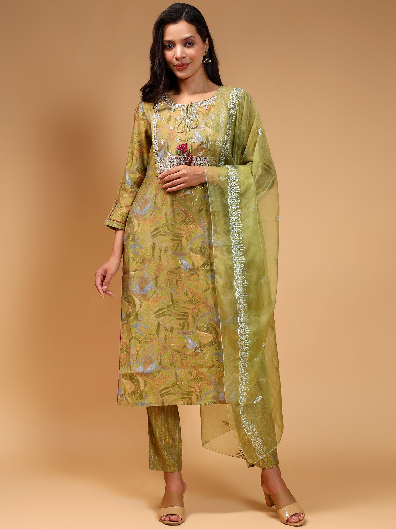 Floral Printed Thread Work Straight Kurta with Trouser & Dupatta - Five Miles