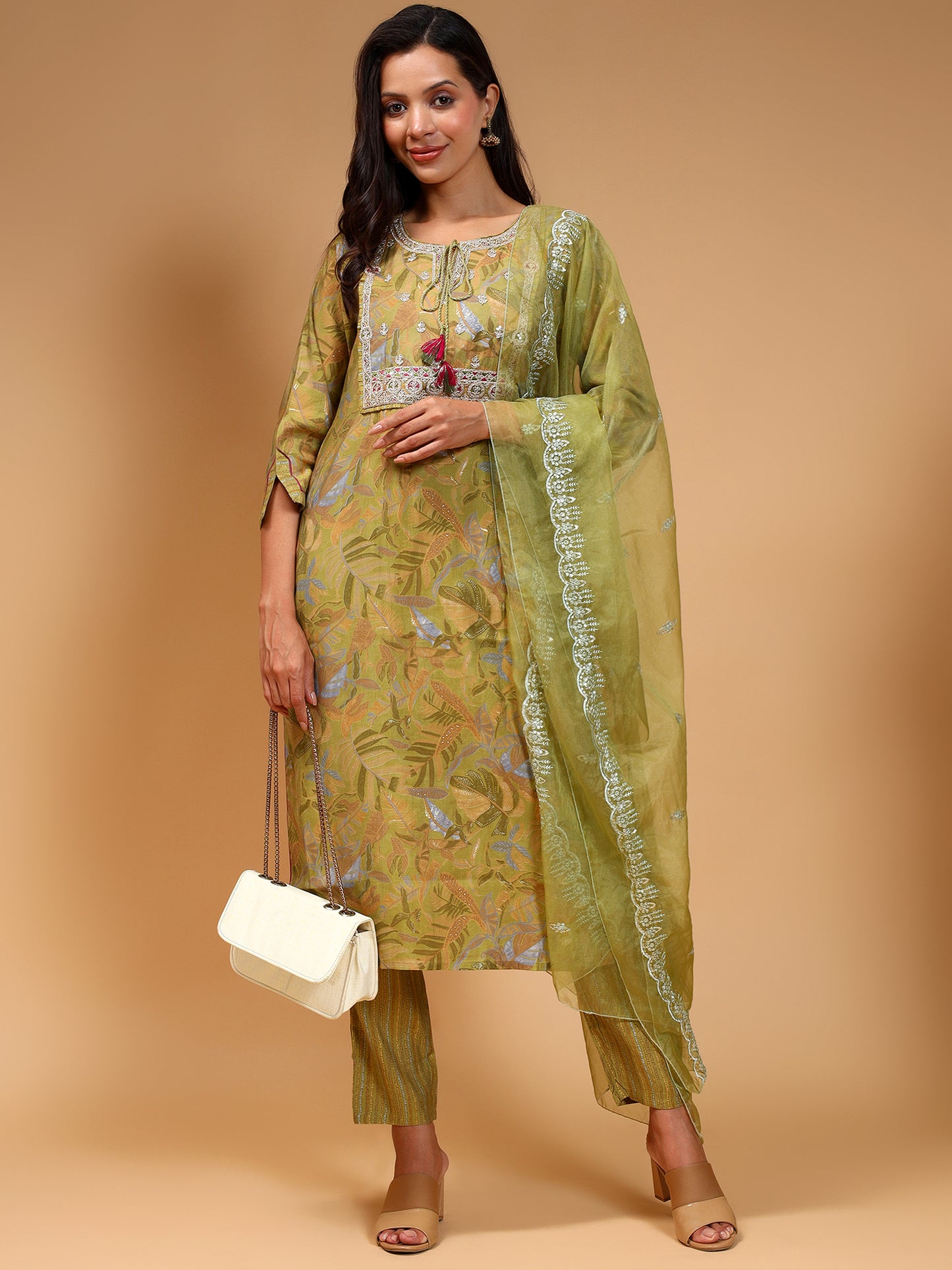 Floral Printed Thread Work Straight Kurta with Trouser & Dupatta - Five Miles