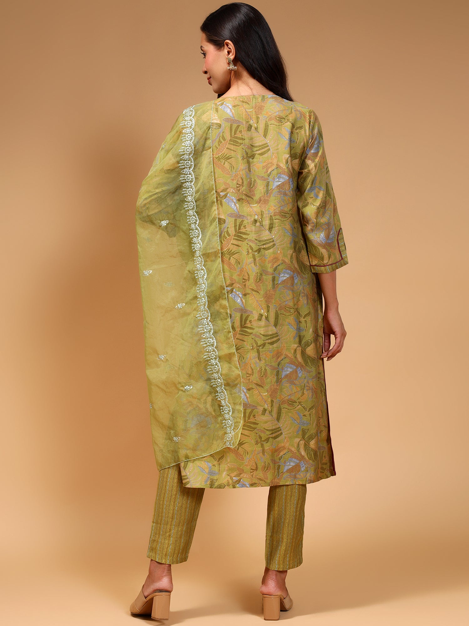 Floral Printed Thread Work Straight Kurta with Trouser & Dupatta - Five Miles