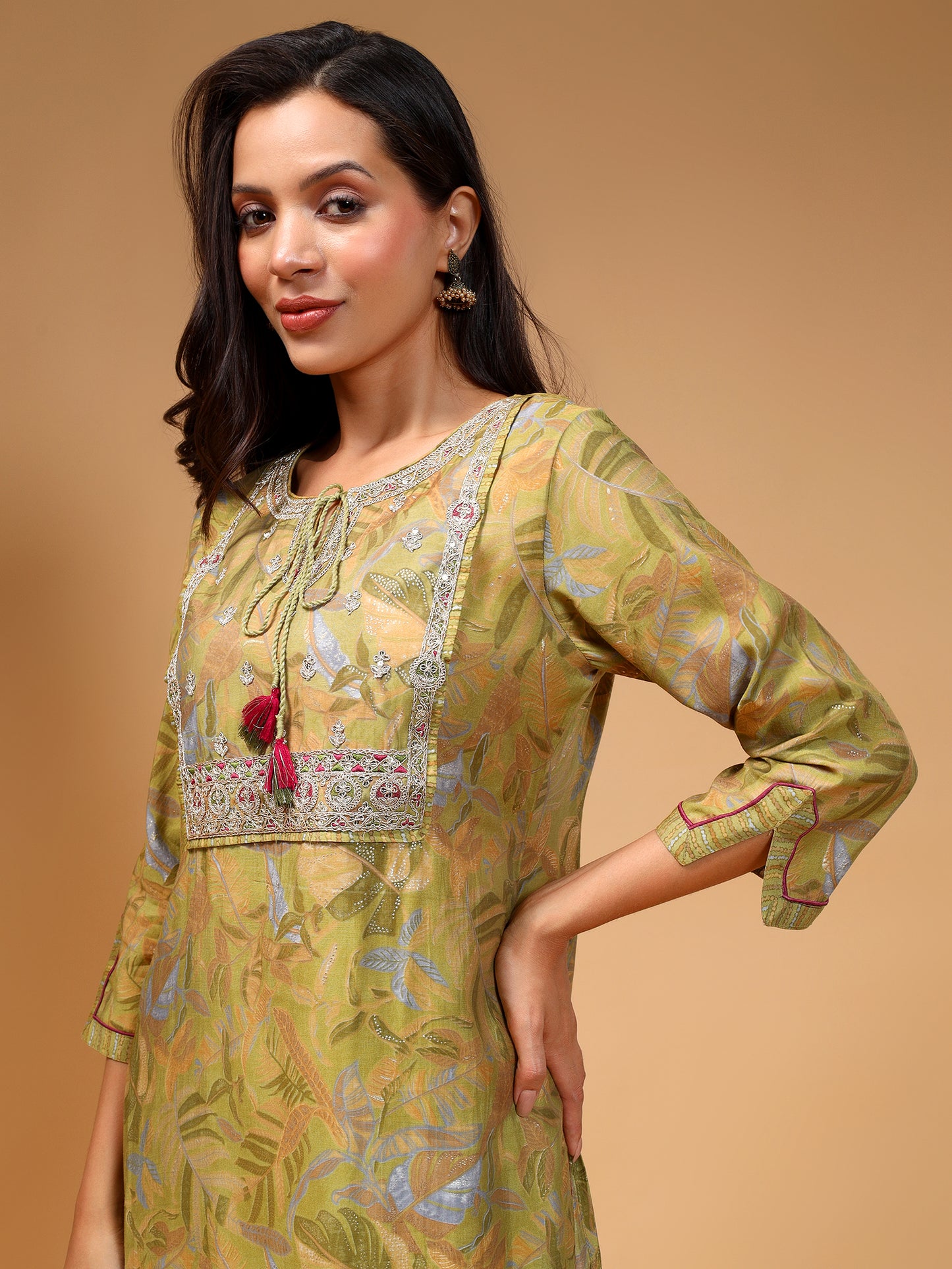 Floral Printed Thread Work Straight Kurta with Trouser & Dupatta - Five Miles