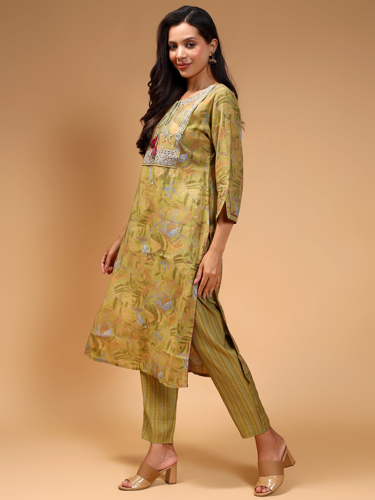 Floral Printed Thread Work Straight Kurta with Trouser & Dupatta - Five Miles