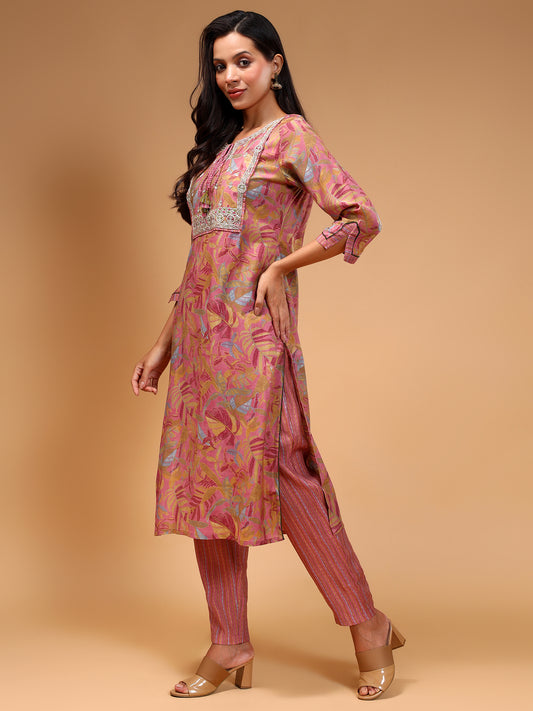 Ethnic Motifs Embroidered Regular Tie-Up Neck Kurta with Trousers & Dupatta - Five Miles