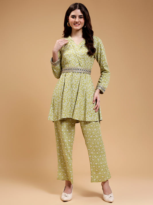 Floral Printed Shawl Collar Tunic & Trouser With Embroidered Belt - Five Miles